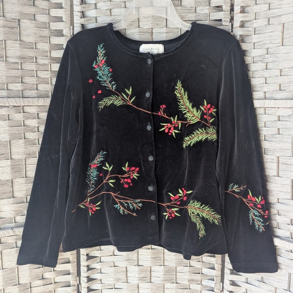 Vtg Black Velvet Embroidered Pine‎ Berry Holiday Cardigan Sz L Winter Festive